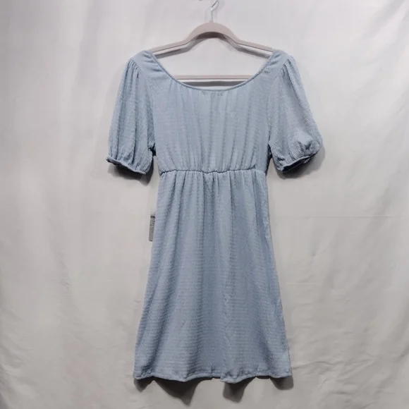 NWT Good Luck Gem V-Neck Bow Puff Sleeve Mini Dress Women's S Blue Minimalist - Picture 6 of 10